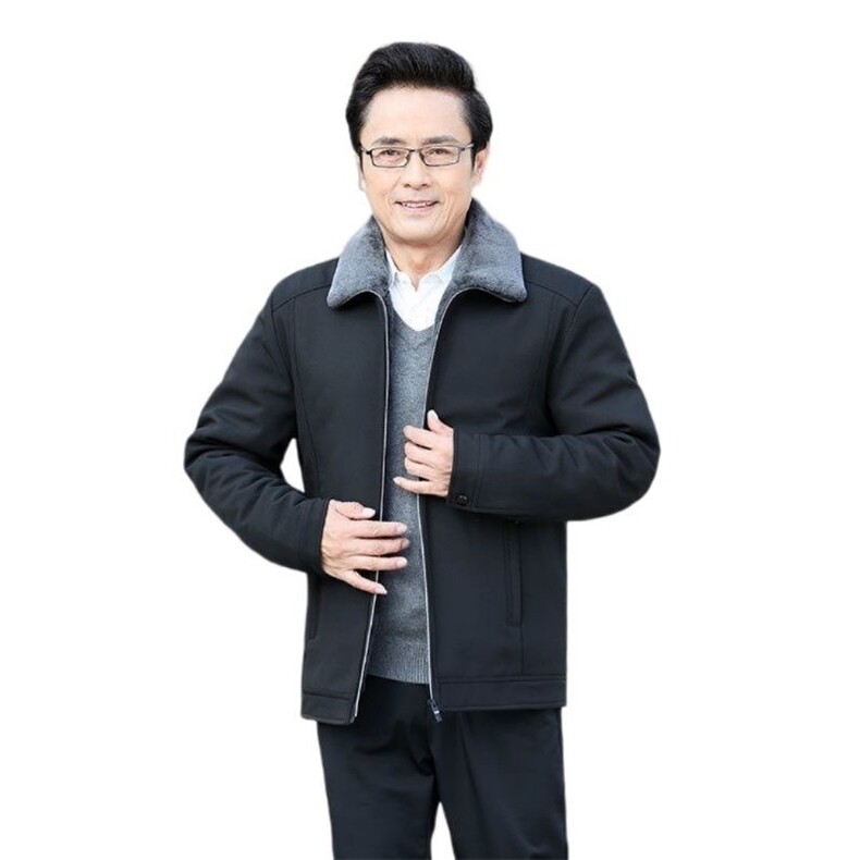 中老年人男装爸爸装冬季翻领商务休闲上衣厚款防寒爷爷外套夹克装图片