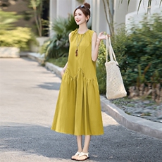 纯棉法式无袖挂脖连衣裙女2025夏季新款拼接中长款度假休闲仙女裙，女装连衣裙，木子恋