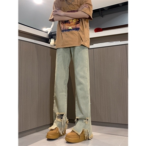 现货 黄泥美式vibe裤高街黑色破洞微喇直筒毛边牛仔裤男 K890-P55图片