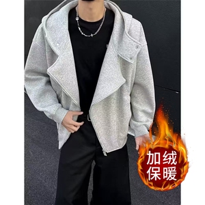 美式双拉链开衫连帽卫衣男女春秋重磅潮牌灰色加厚设计感情侣外套图片