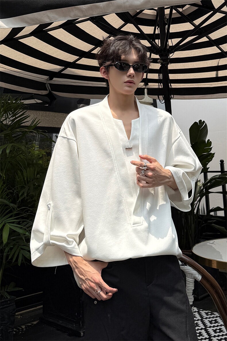 夏季港风宽松大V领设计款假两件短袖T恤潮XZ811A-T146-P48,男装T恤,星座811A