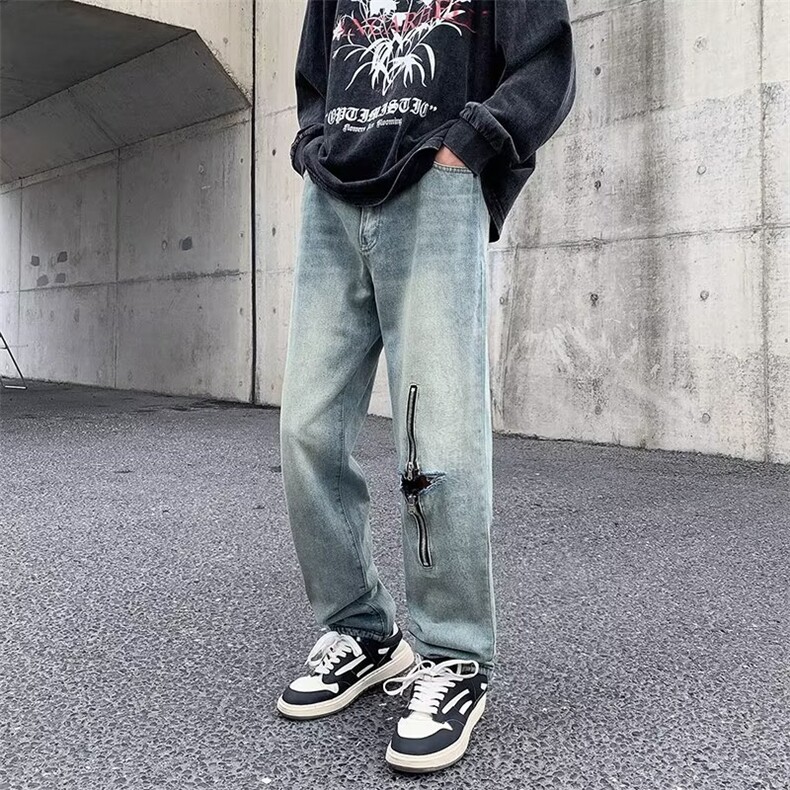 破洞牛仔裤男韩版潮流高街帅拉链2023秋夏季新款ins长裤K3022-P46,男装牛仔裤,星座412-3