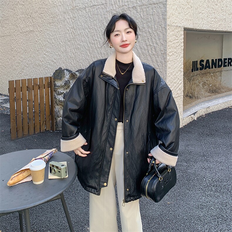 新款皮衣拼接羊羔毛羽绒服9932-P265-K388,女装短外套,2C129