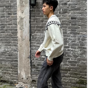 重磅秋冬装北极绒套头毛衣美式复古休闲慵懒风提花工艺针织衫外套