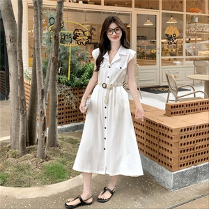 法式V领无袖衬衫裙显瘦连衣裙女2025年夏季新款气质工装风长裙子图片