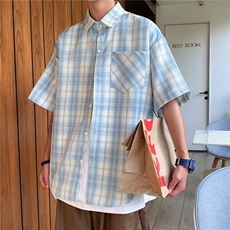 夏季薄款短袖格子衬衫男复古ins港风宽松长袖CW1097，男装衬衫，星座1116A-1（原606A）