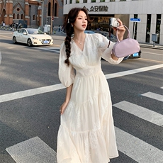 法式气质仙女连衣裙女装2025夏季新款灯笼袖初恋收腰大摆长款裙子，女装连衣裙，天使之佳话