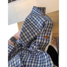 蓝色格子条纹长袖衬衫男女春秋衬衣小个子外搭法式复古外套C888，男装衬衫，星座1116A（原606A-3）