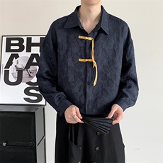新中式男装唐装风红色花长袖衬衫结婚登记改良汉服衬衣潮胖子，男装衬衫，星座909