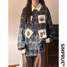 春秋美式复古格子小熊贴布绣长袖衬衫男女休闲宽松衬衣外套上衣潮，男装衬衫，星座506A