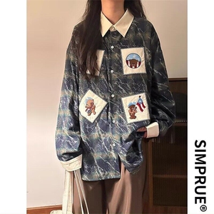 春秋美式复古格子小熊贴布绣长袖衬衫男女休闲宽松衬衣外套上衣潮图片