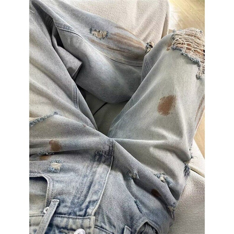 扎染复古破洞设计感垂感阔腿牛仔裤男女嘻哈直筒长裤NGJ05,男装牛仔裤,星座1116A（原606A-3）