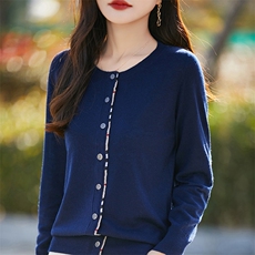 2025春季精纺羊毛开衫女韩版格子拼色毛衣百搭长袖针织衫外套上衣，女装羊毛衫，片语羊绒