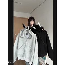 美式拼接铆钉大耳朵杜宾犬连帽卫衣开衫外套WY9090-特P68，女装短外套，星座1007（原301D）