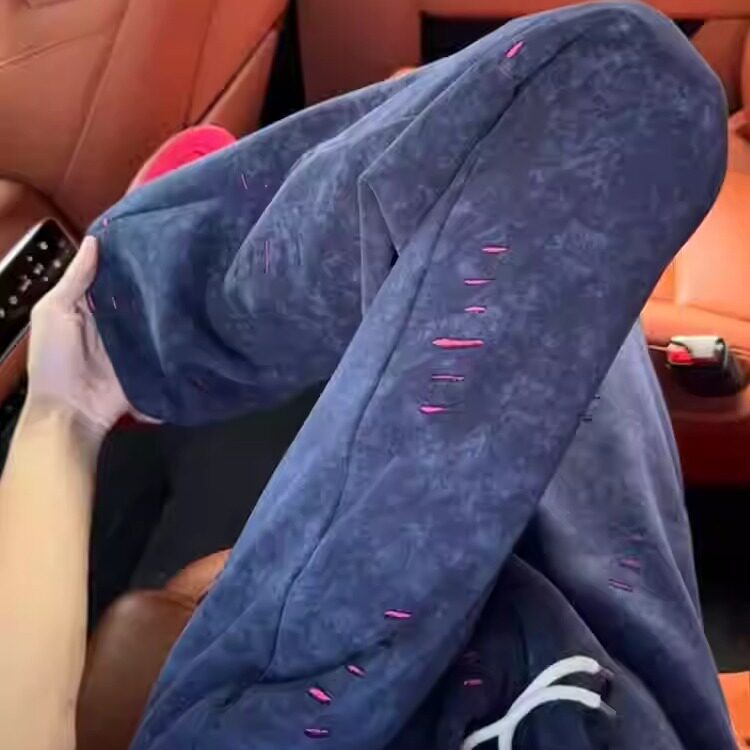 藏青色扎染破洞弯刀卫裤男款秋季重磅显瘦直筒裤子慵懒风休闲长裤，男装休闲裤，星座1210-1