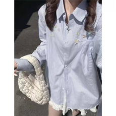 花朵刺绣蓝色条纹衬衫女叠穿宽松遮肉长袖衬衣上衣潮513CS1906P35，男装衬衫，星座513