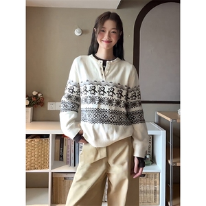 重磅秋冬装北极绒套头毛衣美式复古休闲慵懒风提花工艺针织衫外套图片