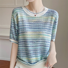 莱赛尔渐变条纹针织短袖T恤女2025夏透气宽松显瘦打底小衫t恤上衣，女装T恤，雪真羊绒