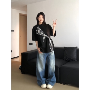 【有货】PX01CC-特P38 格子拼接蝴蝶结短袖t恤男女图片