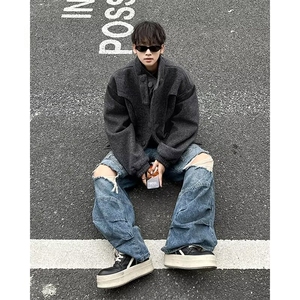 冬韩复古短款毛呢大衣男设计感韩版重磅解构立领外套W6279-P111图片