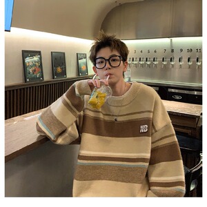 1506/QMY9250/P44毛衣男秋冬季日系复古条纹撞色套头打底针织衫图片