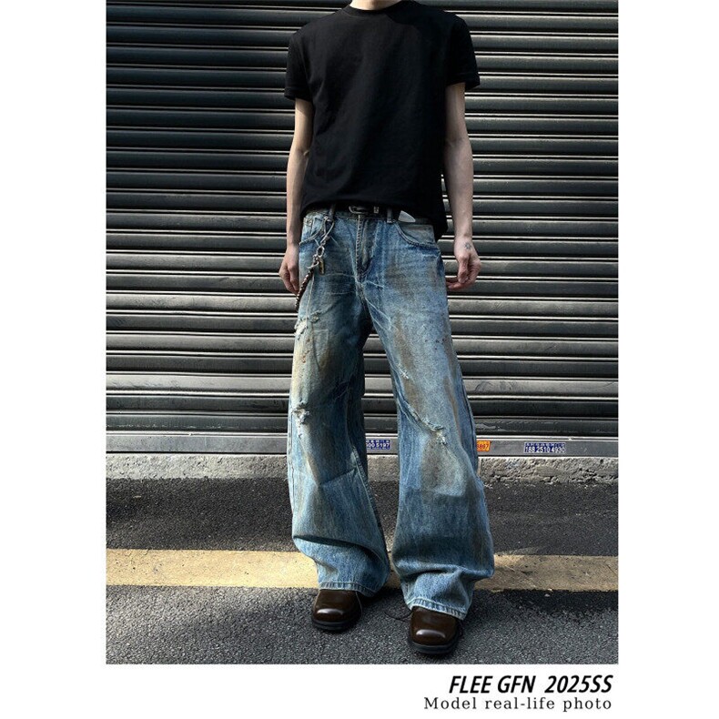 网图破洞脏染做旧弯刀牛仔裤男高街宽松cleanfit长裤子F715-P55,男装牛仔裤,星座1001-1