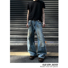 网图破洞脏染做旧弯刀牛仔裤男高街宽松cleanfit长裤子F715-P55，男装牛仔裤，星座1001-1