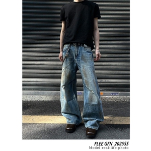 网图 破洞脏染做旧弯刀牛仔裤男高街宽松cleanfit长裤子F715-P55图片
