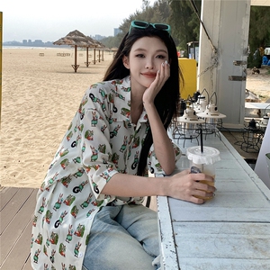 Q412 卡通印花夏季衬衫男女情侣装短袖衬衣沙滩旅游度假夏威夷风图片