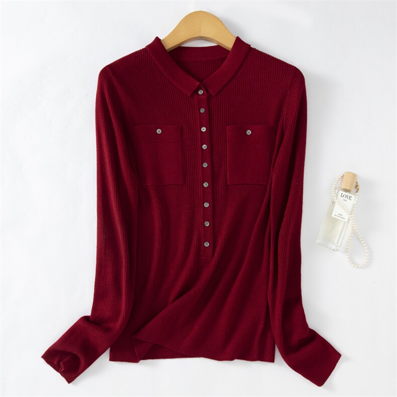 春秋新款精纺羊毛翻领坑条带兜开衫女宽松百搭外搭外套上衣针织衫，女装羊毛衫，东远绒业