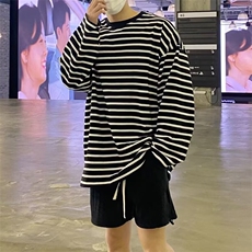 条纹上衣男士长袖t恤春夏季百搭休闲衣服男生潮流圆领修身打底衫，男装T恤，星座506A