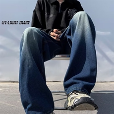 新款美式高街裤子男女秋冬日系宽松直筒阔腿工装牛仔裤潮N330-P43，男装牛仔裤，星座1008