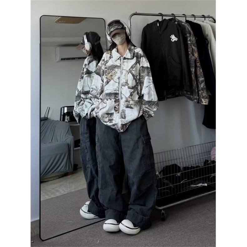 迷彩枫叶树枝落叶满印外套王嘉尔同款男女多口袋牛仔拉链工装夹克,男装夹克,星座1013