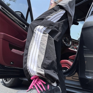 薄款撞色条纹休闲伞兵裤男女直筒运动裤hiphop美式工装裤子-K1551