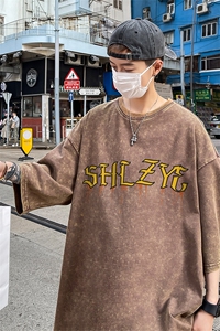 B239-1162-P38 创意字母印花 复古水洗做旧半袖 重磅短袖T恤 美式图片