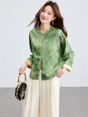 在仓~薄款人丝提花圆领盘扣插肩袖上衣轻薄外套透气时尚潮流外套，女装短外套，新依时派