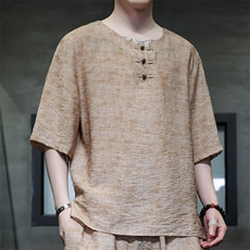 2025夏季新款男装禅服风冰丝印花盘扣唐装短袖T恤C102-P45，男装T恤，电商B277(原6028)