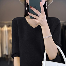 V领时尚套头纯色简约短袖羊毛针织衫2024年秋季，女装羊毛衫，暖圣羊羊绒