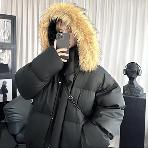 现货三防重磅硬挺boxy短款羽绒棉衣座山雕大毛毛领PU皮棉服外套冬图片