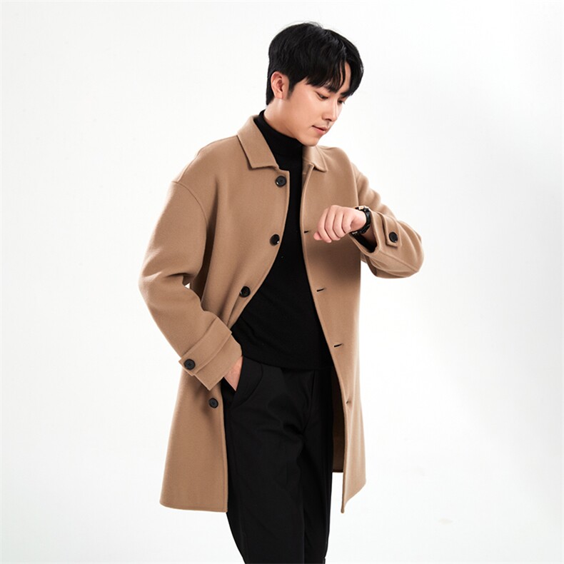 时尚男士翻领羊毛中长款双面呢大衣经典驼色显瘦保暖外套男装，男装毛呢大衣，牧绒家园