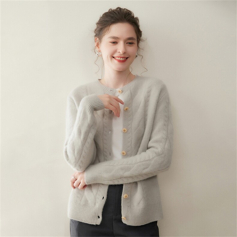 云感软糯~宽松加厚山羊绒开衫2025秋冬新圆领女麻花针织毛衣外套，女装羊绒衫，澳煜绒
