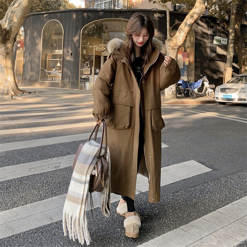 韩系工装抽绳收腰加绒加厚派克服外套女冬新款长款过膝大毛领棉衣,女装短外套,2B183