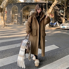 韩系工装抽绳收腰加绒加厚派克服外套女冬新款长款过膝大毛领棉衣，女装短外套，2B183