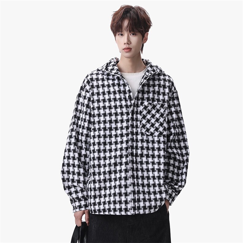 衬衫男春季新款港风宽松连帽大码格子长袖衬衣CS1981-P42，男装衬衫，星座214-3