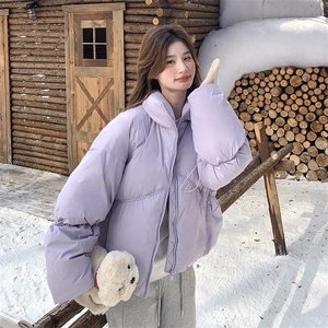 设计感紫色短款羽绒服女2024冬季新款小个子面包服白鸭绒加厚外套图片