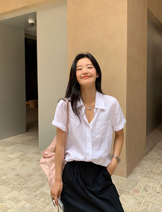 百搭珍珠白亚麻口袋短袖设计感衬衣上衣图片