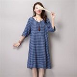 格子棉圆领宽松腰套头2021年夏季五分袖长裙做旧褶皱连衣裙，女装连衣裙，独衣靓