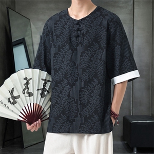 男士衬衫五分袖衬衣中袖印花圆领唐装风 XZ1512-2612-P40图片