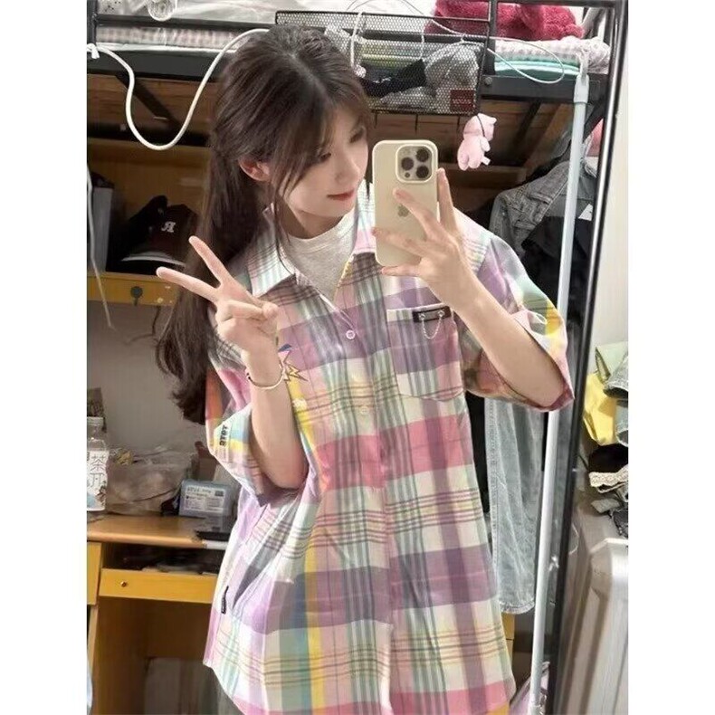 美式彩虹色格子半袖衬衫女宽松百搭多巴胺穿搭情侣短袖潮,男装衬衫,星座506A
