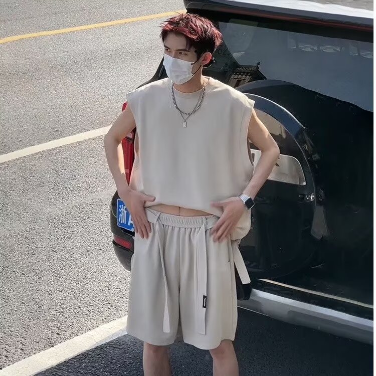 设计运动套装男款夏季无袖坎肩背心短裤少年感穿搭一整套,男装牛仔裤,星座506A